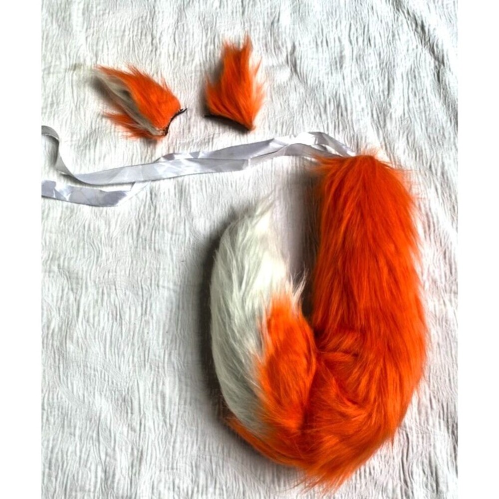 Anime Orange Wolf Fox Cat Plush Tail + 2 Clip Ears Kits hairpin Cosplay Prop Set